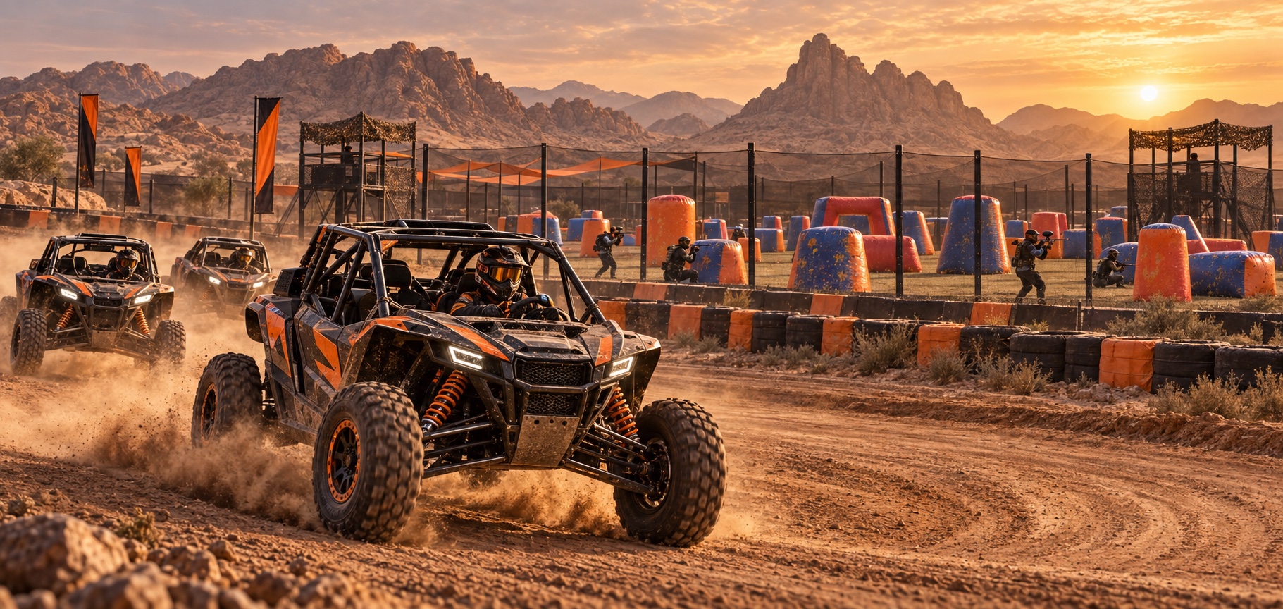Motorsports World concept: a buggy race with a paintball field in the background